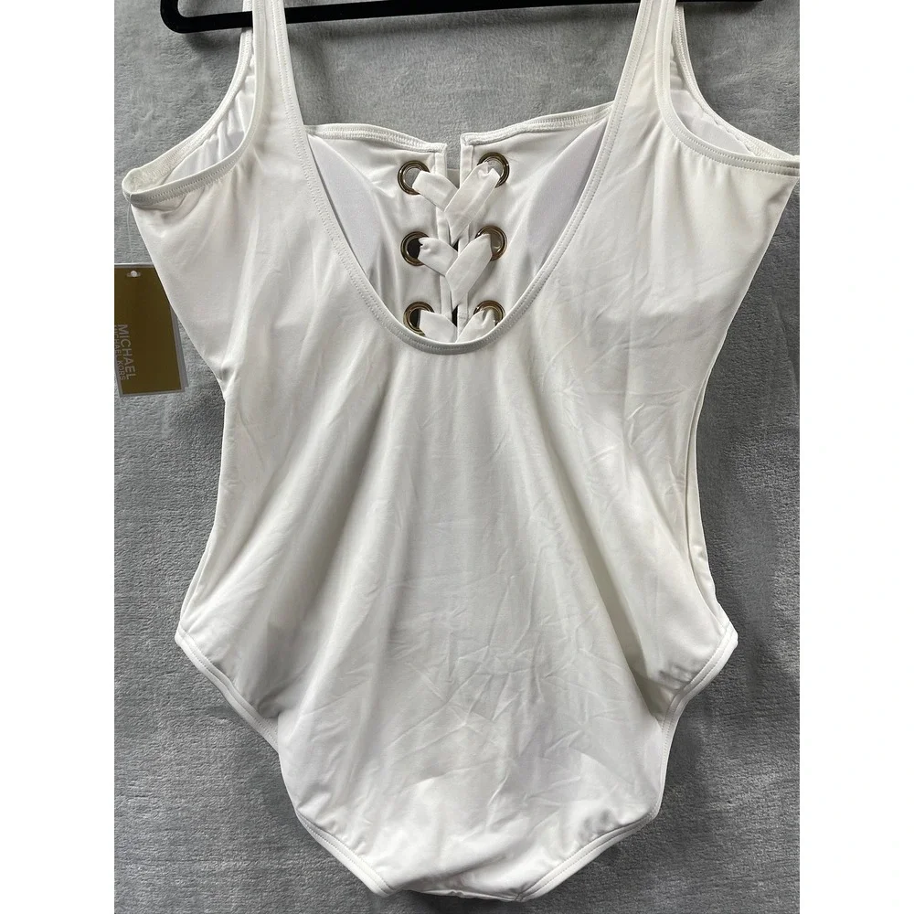 NWT Michael Kors One Piece Swimsuit Womens White New Lace Up Grommet Sz 12 $140